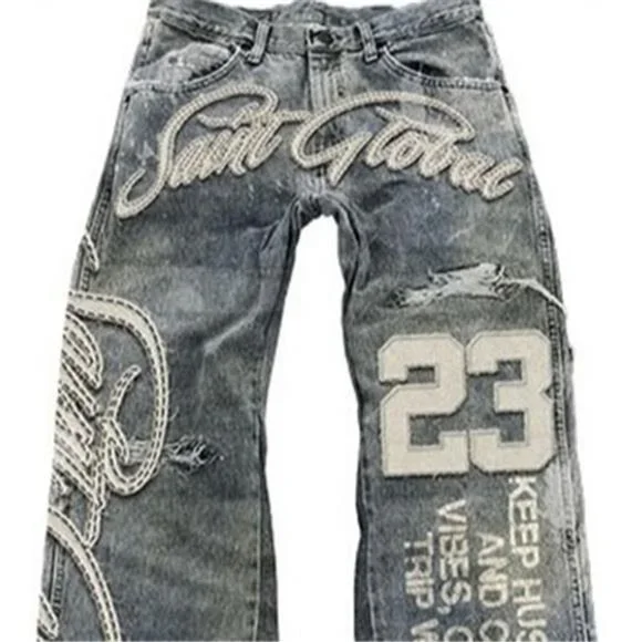 Streetwear Vintage Blue Jeans Y2K Clothes Men Hip Hop Letter Patch Embroidery - Picture 2 of 5